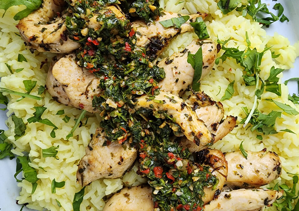 Poulet sauce chimichurri chicken riz rice recette recipe Cinq Fourchettes
