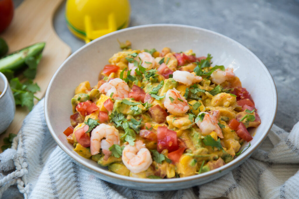 salade crevettes mangue avocat tomates santé sans gluten sans allergène recette Cinq Fourchettes shrimp salad mango tomato avocado recipe