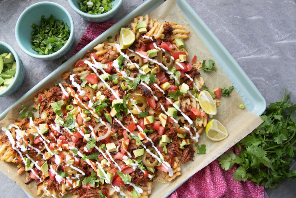 nachos frites gaufrees porc effiloche recette recipe fries pulled pork cinq fourchettes